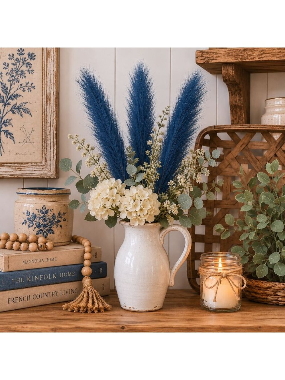 Dusty Navy Blue Faux Pampas Grass Bundle | 3 Artificial Pampas Stems | 20 Inch B - Picture 4 of 8